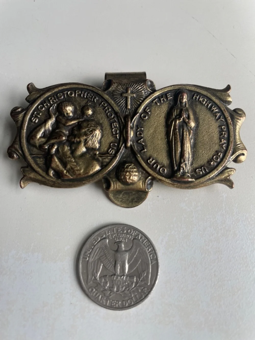 Religious Bronze-Tone Car Visor Clip - St. Christopher & Our Lady